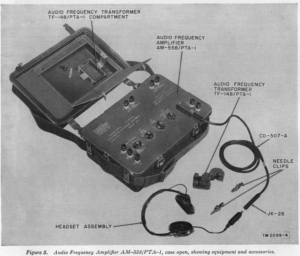 Audio Frequency Amplifier AM-558/PTA-1, case open, showing equipment and accessories.