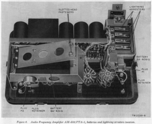 Audio Frequency Amplifier AM-558/PTA-1, batteries and lightning arrestors location.