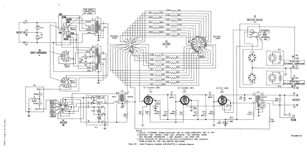 Audio Frequency Amplifier AM558/PTA1, schematic diagram. Mark's
